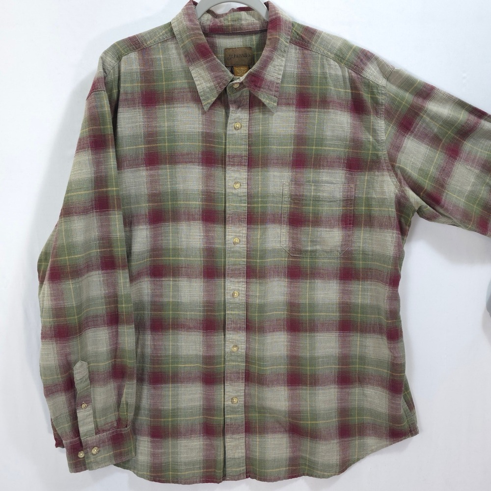 St. Johns Bay Button Down Plaid Flannel Burgundy Mens XXL Gorpcore Cabin Rustic‎